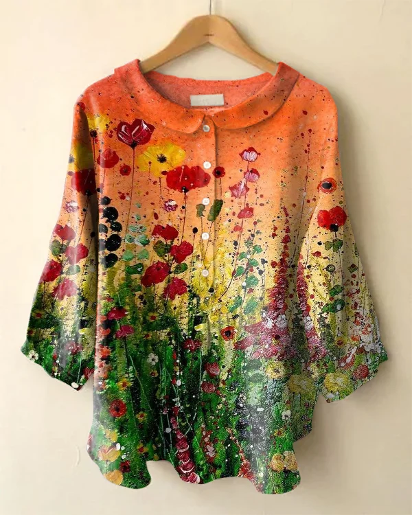 Vintage Floral Print Long Sleeve Peter Pan Collar Shirt