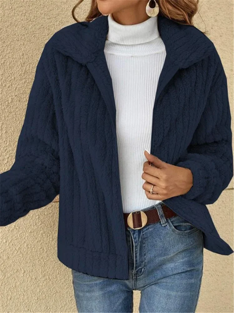 Women's Pit Strip Plush Cardigan Lapel Solid Color Long Sleeve Short Coat