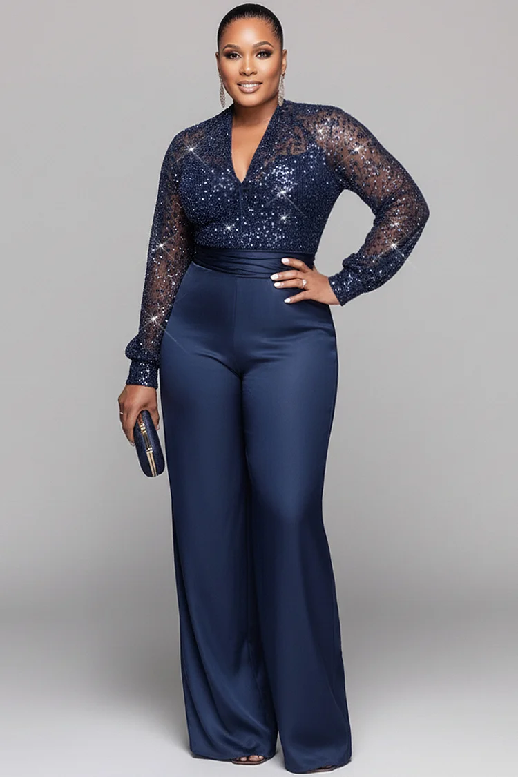 Xpluswear Design Plus Size Formal Navy Blue V Neck Long Sleeve See Through Elegant Sequin Satin Jumpsuits [Pre-Order]