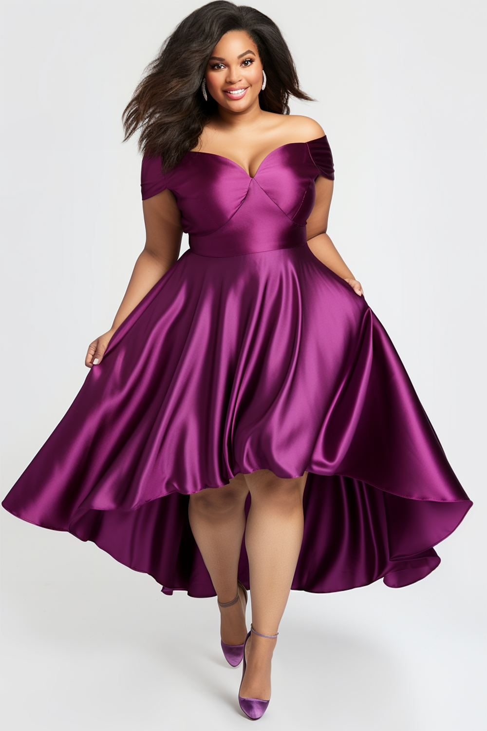 Design Plus Size Mother Of The Bride Midi Dresses Elegant Purple Spring Summer Off The Shoulder Satin Midi Dresses [Pre-Order]