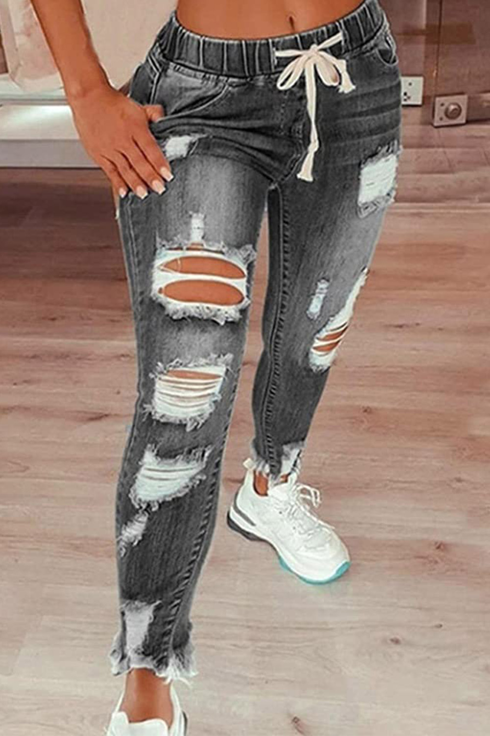 Plus Size Casual Grey Denim Ripped Pocket Elastic Waist Jeans 2024 - Flycurvy 