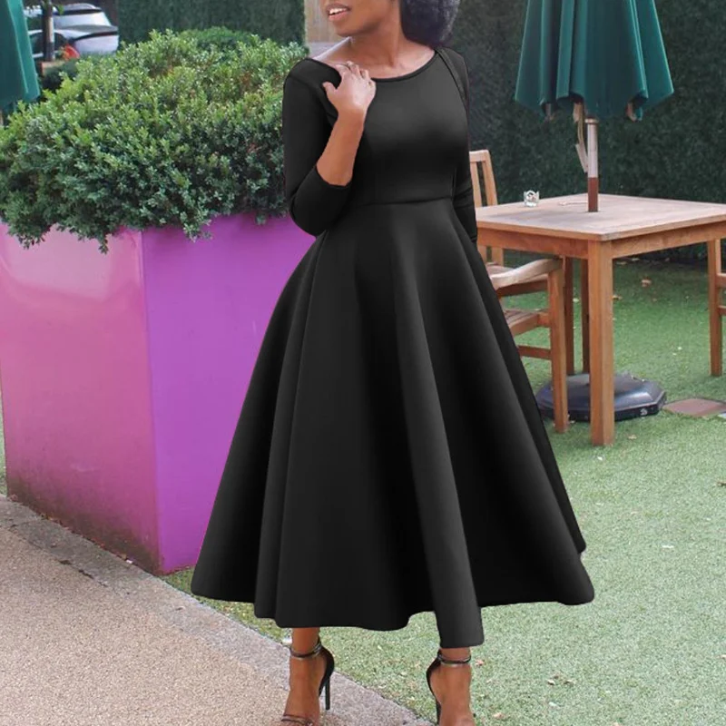 Elegant 3/4 Sleeve Evening Party Dress - Black