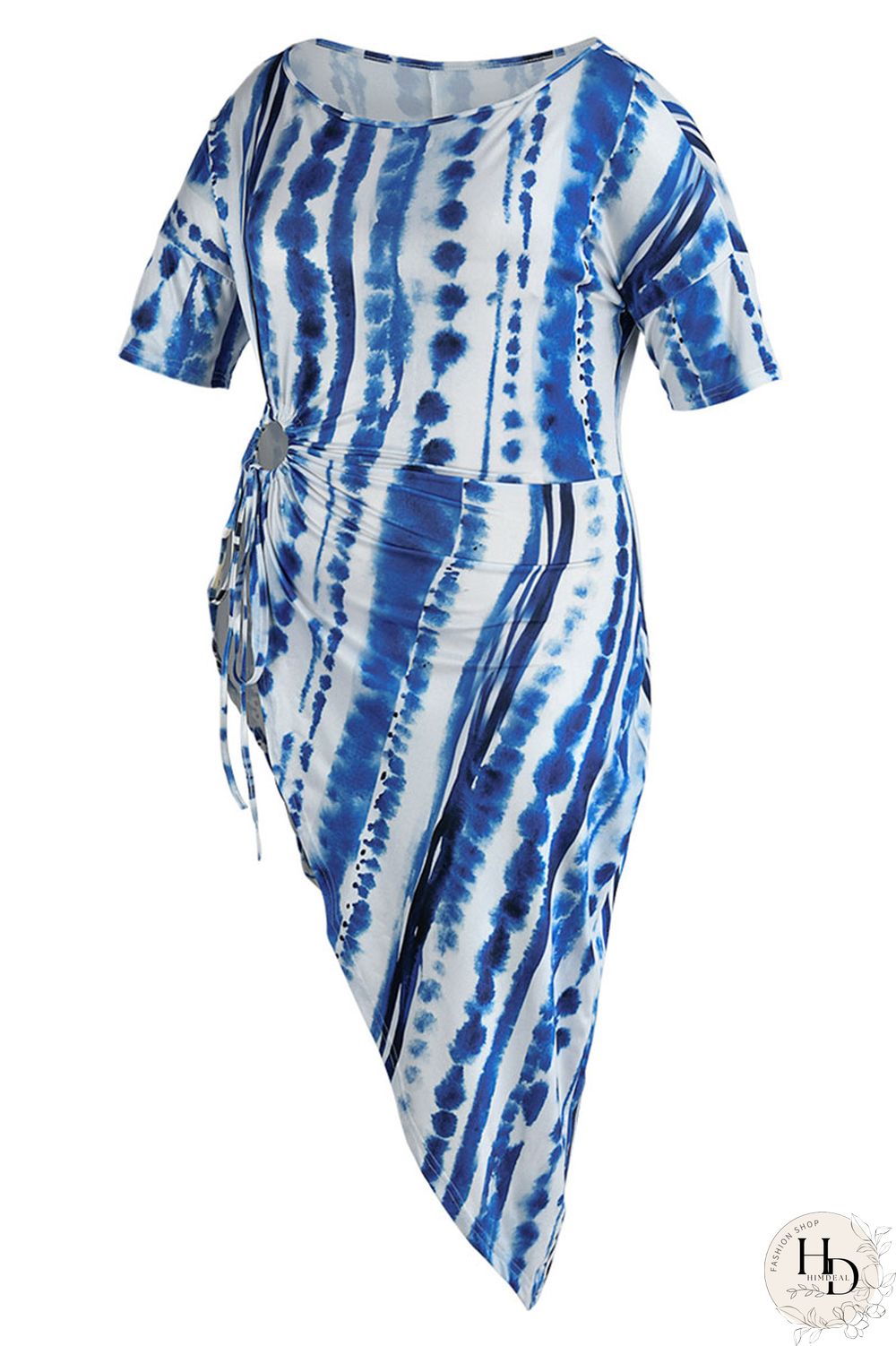 Yellow Fashion Casual Print Bandage Asymmetrical O Neck Plus Size Tops