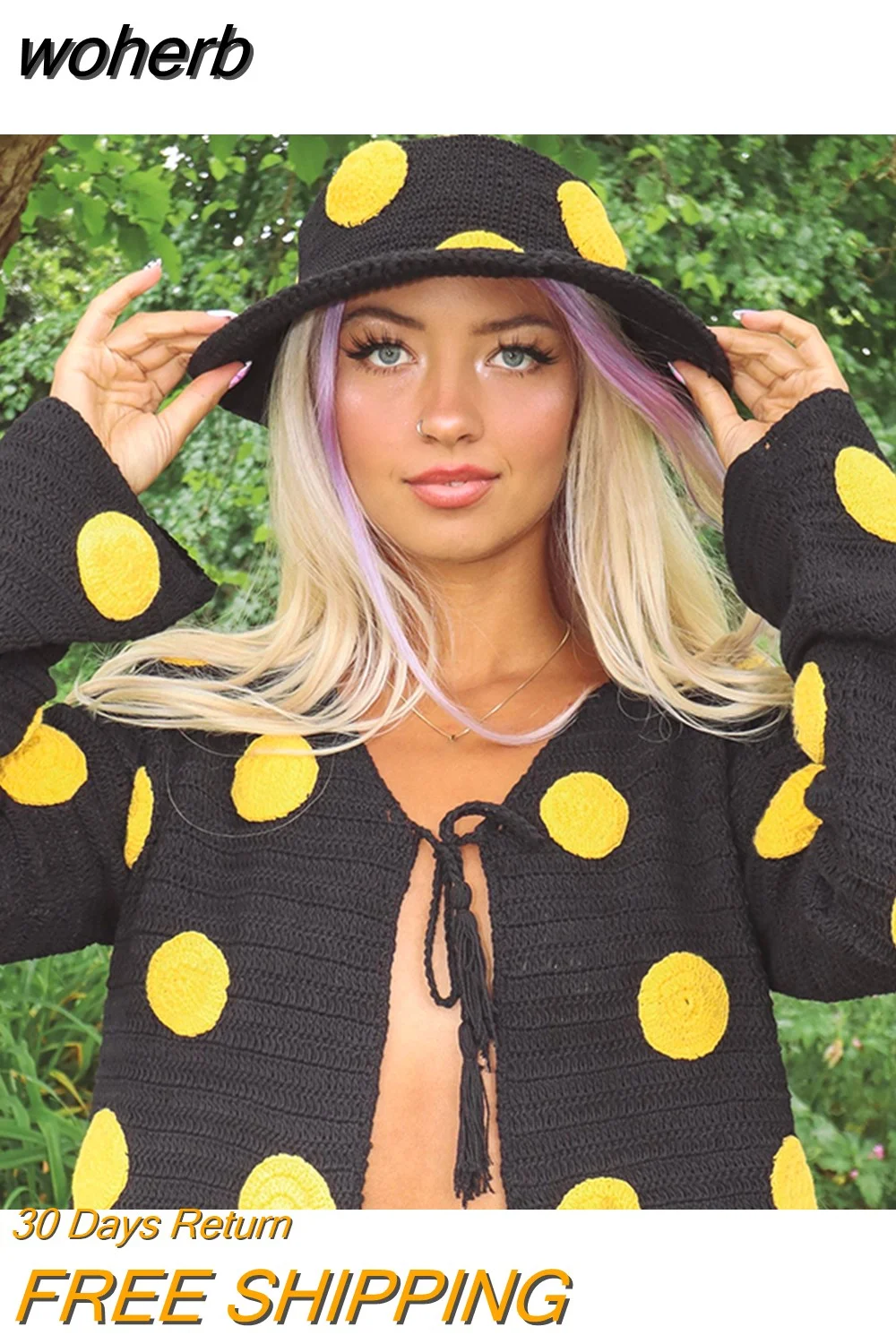 woherb y2k Knitted Bucket Hats Women Flower Pattern Wide Brim Outdoor Sun Protection Bucket Cap Photo Props Fisherman Hat-Outfit Ideas