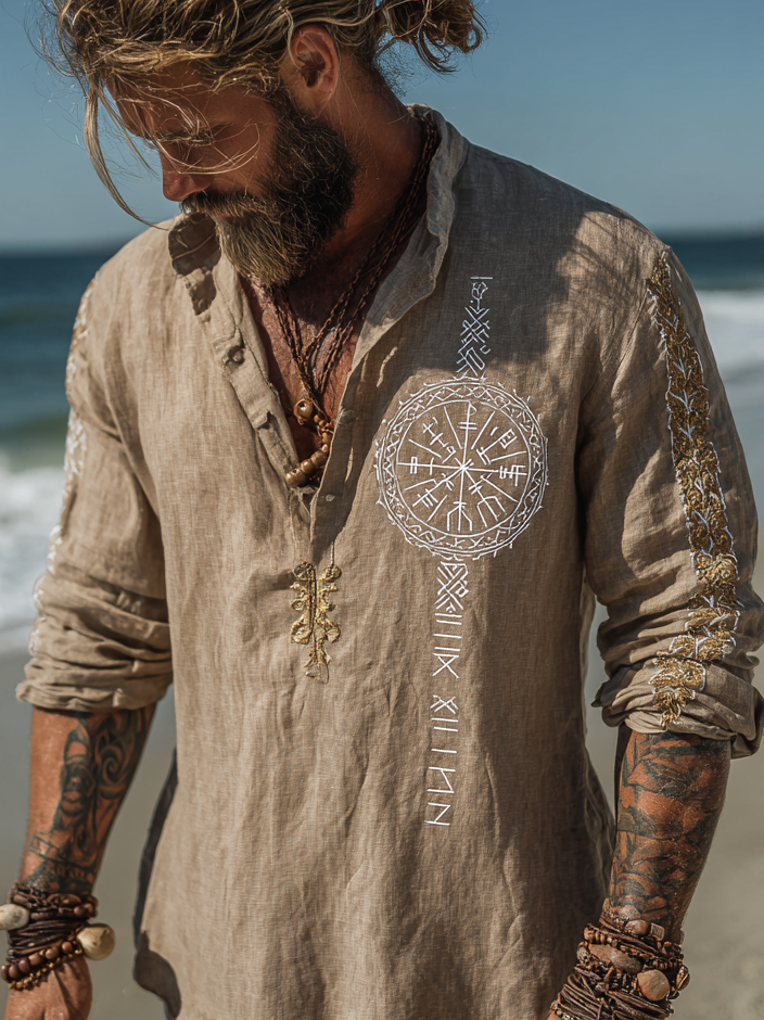 Men's Viking-Inspired Compass Knot Long Sleeve Linen Henley Shirt / Rvogue / Rvogue