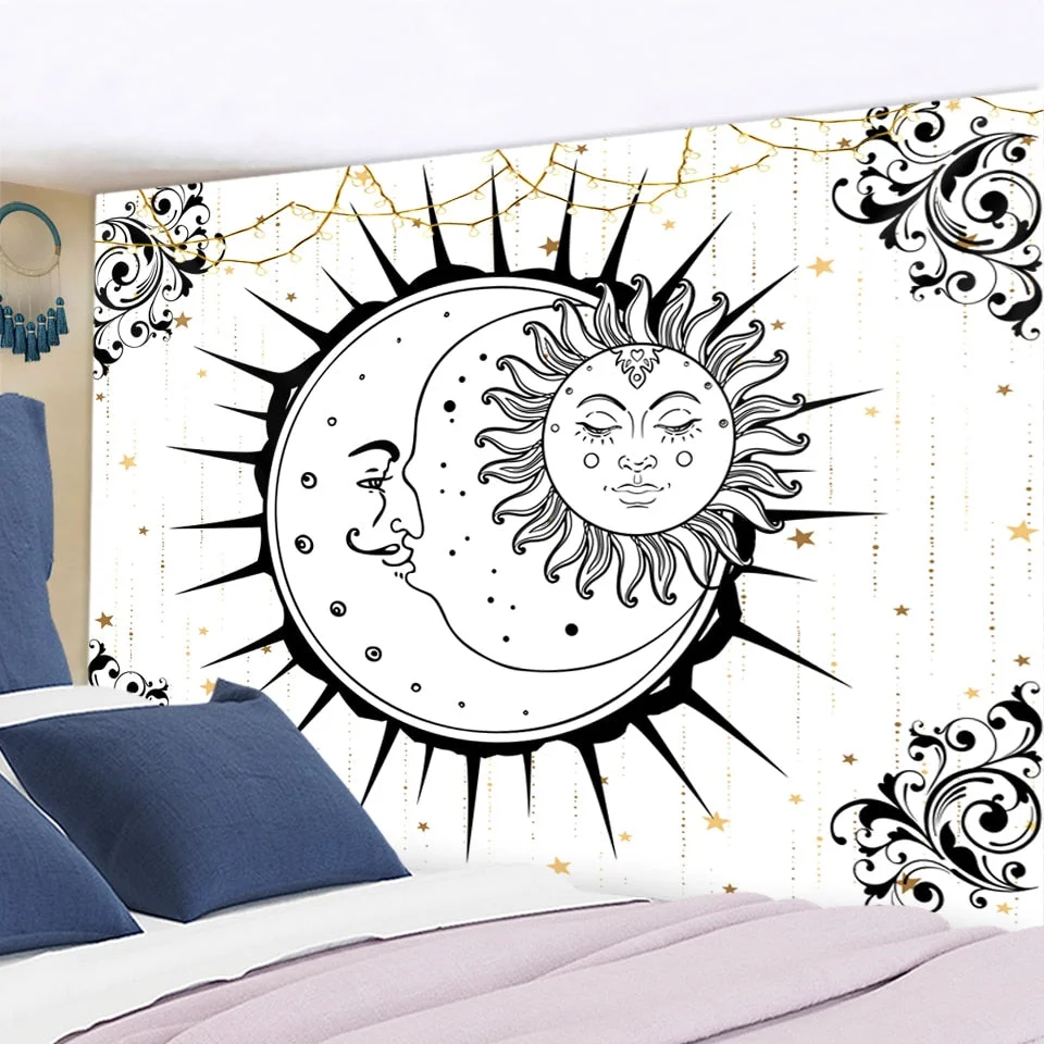 Tarot Card Mandala Tapestry White Black Sun And Moon Tapestry Wall Hanging Hippie Wall Rugs Dorm Decor Blanket