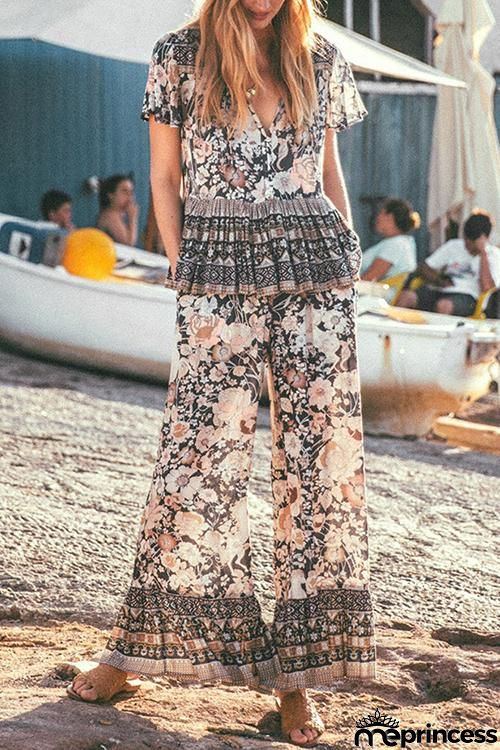 Bohemia Print V Neck Pants Set