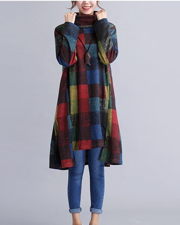 Women Plaid Print Turtleneck Irregular Full Vintage Cotton Long Sleeve Dress