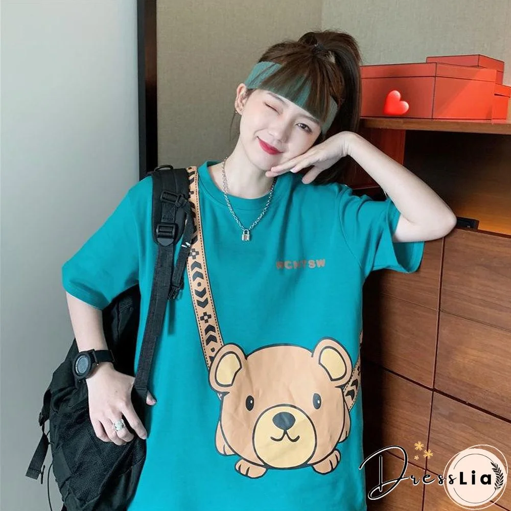 Harajuku Print O Neck Cotton Short Sleeve T Shirt Women Summer New Korean Fashion Kawaii Clothes Top Bear Chic Tee Tshirts
