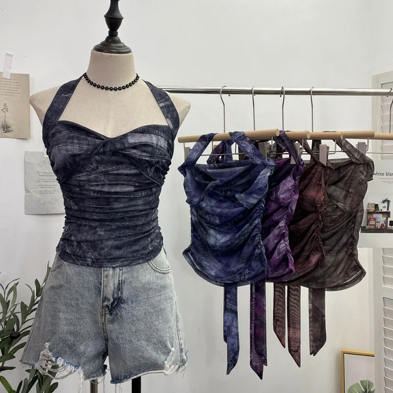 Uveng Solid Shot Tie-Dye-Dyed Denim Print Folding Mesh Sling Sling Sling Neck With Bow Striped Backwear 9921