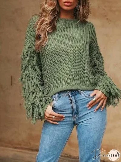 Sweaters Round Neck Fringed Long Sleeve Sweater for Women