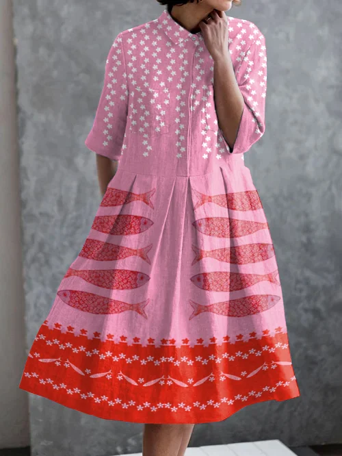 Holiday Floral Fish Print Casual Pocket Half Sleeve Dress