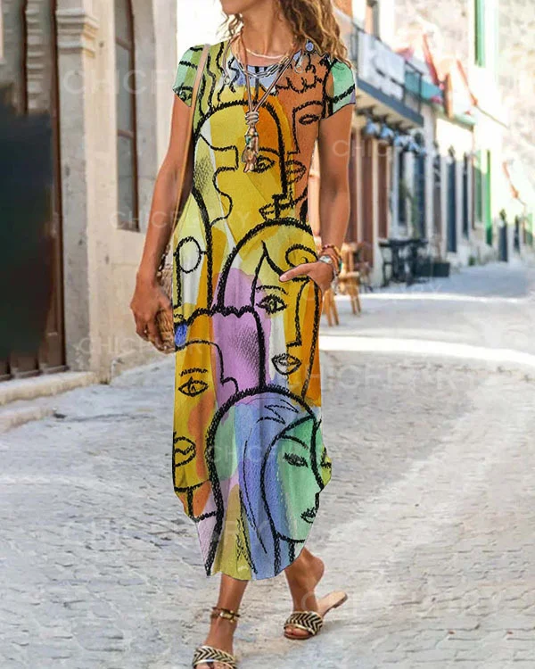 Casual Art Figure Print Holiday Midi Dress