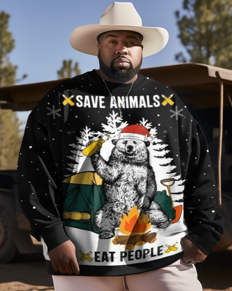 Men's Plus Size Brown Bear Christmas Hat Beer Lifestyle Outdoor Camping Long Sleeve Sweatshirt