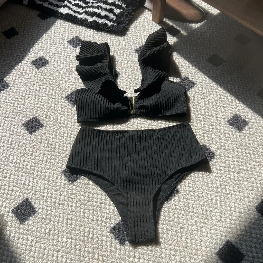 Uveng 2024 New Special Fabric High-Waisted Lotus Edge Split Swimsuit Bikini Bikini