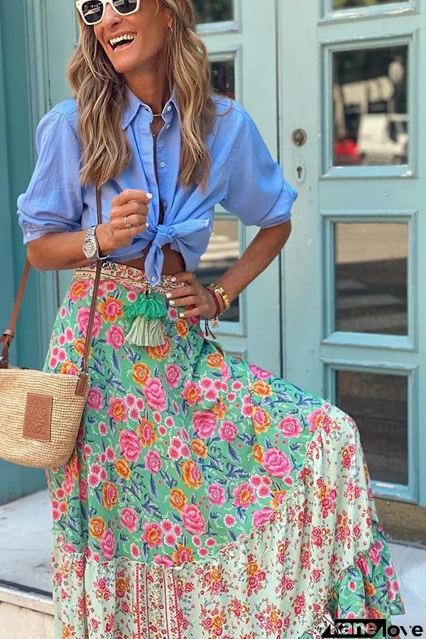 Audrina Bohemian Print Elastic Waist Tassel Maxi Skirt
