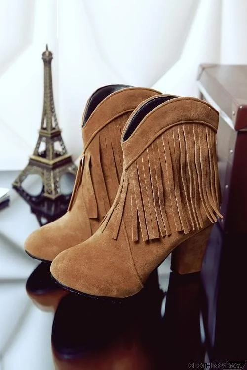 Tassels Chunky Heels Slip On Ankle Boots