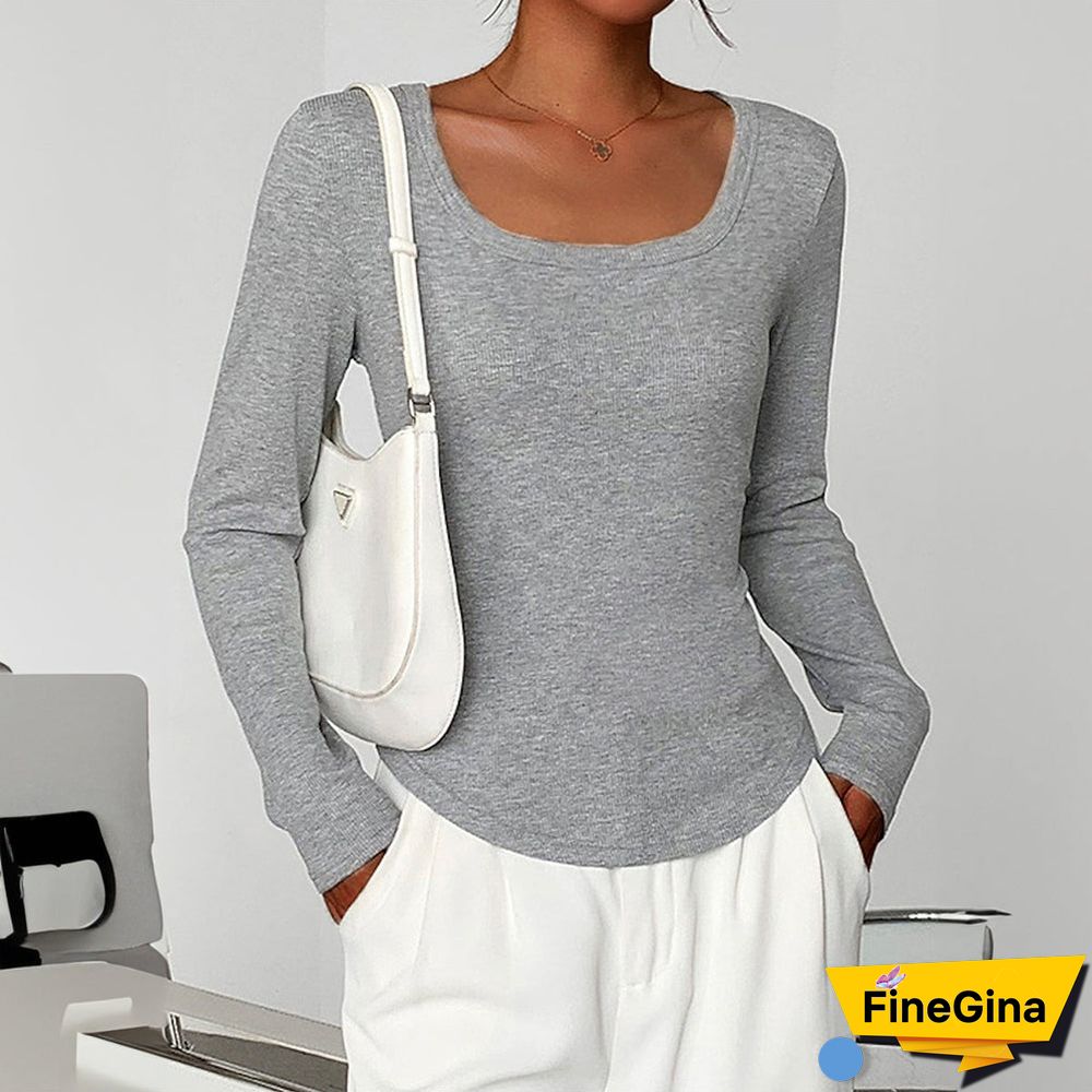 Comfy Plain Long Sleeve Square Neck Top