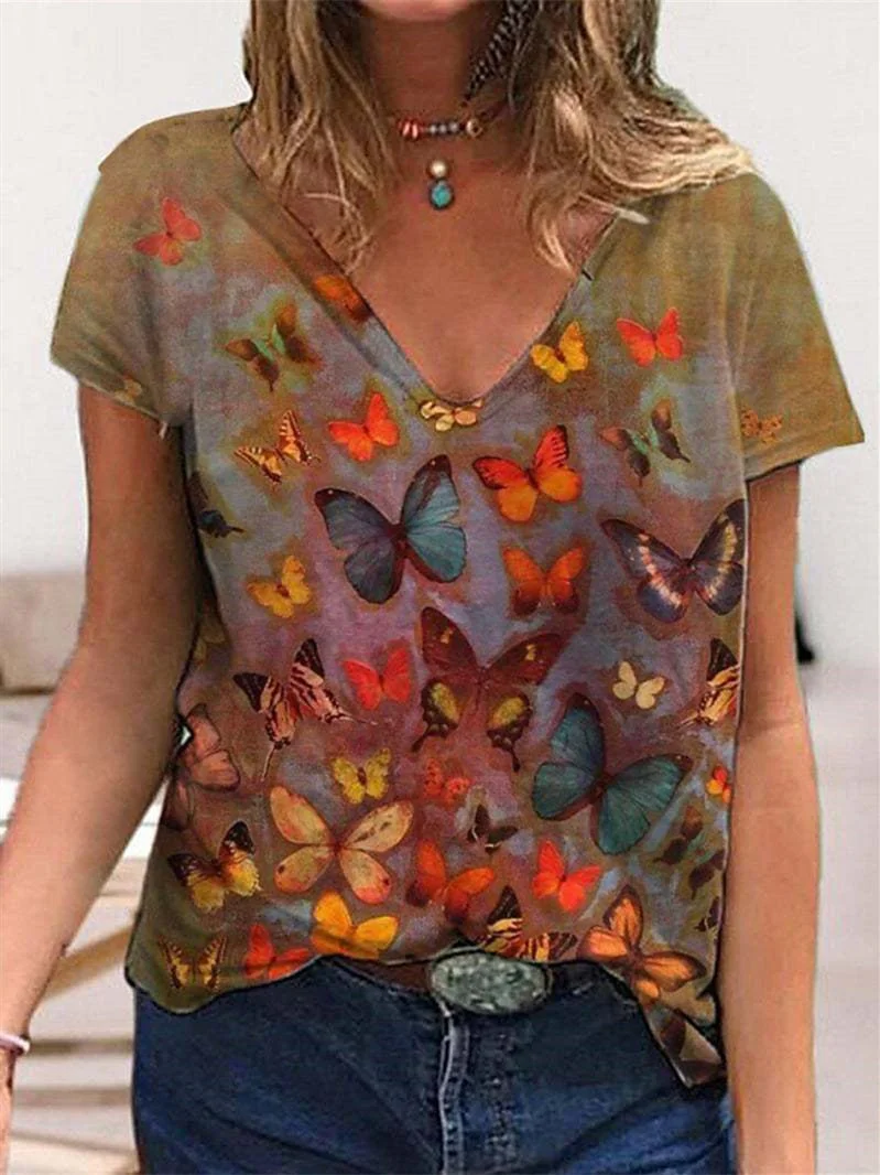Women plus size clothing Women's Short Sleeve V-neck Floral Printed T-shirt-Nordswear