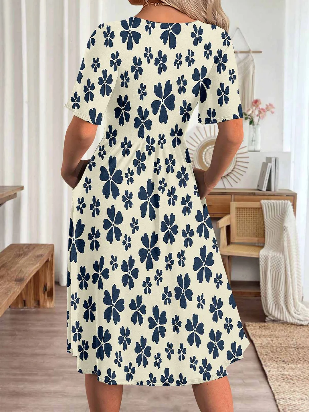 Women Floral,Blue DZHA8073 Short Sleeve Scoop Neck Graphic Printed Hollow Midi Dress