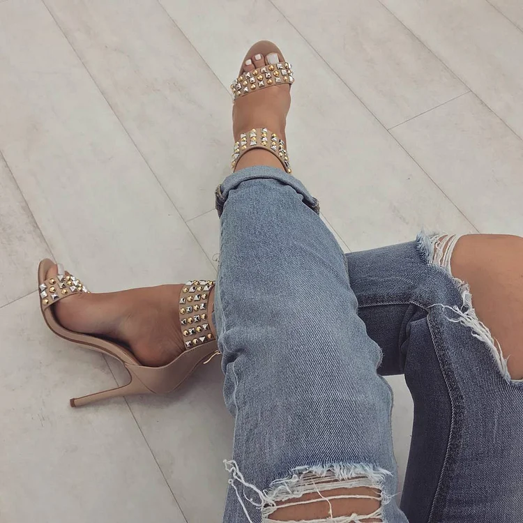 Nude Riveted Open Toe Stiletto Heels Sandals Vdcoo