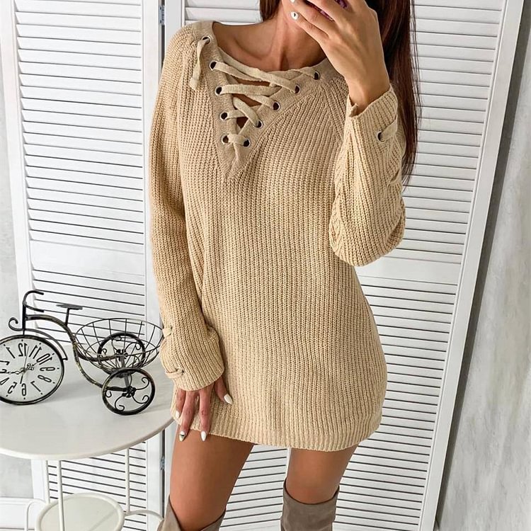Women's Solid Color Tied Long Knitted Sweater