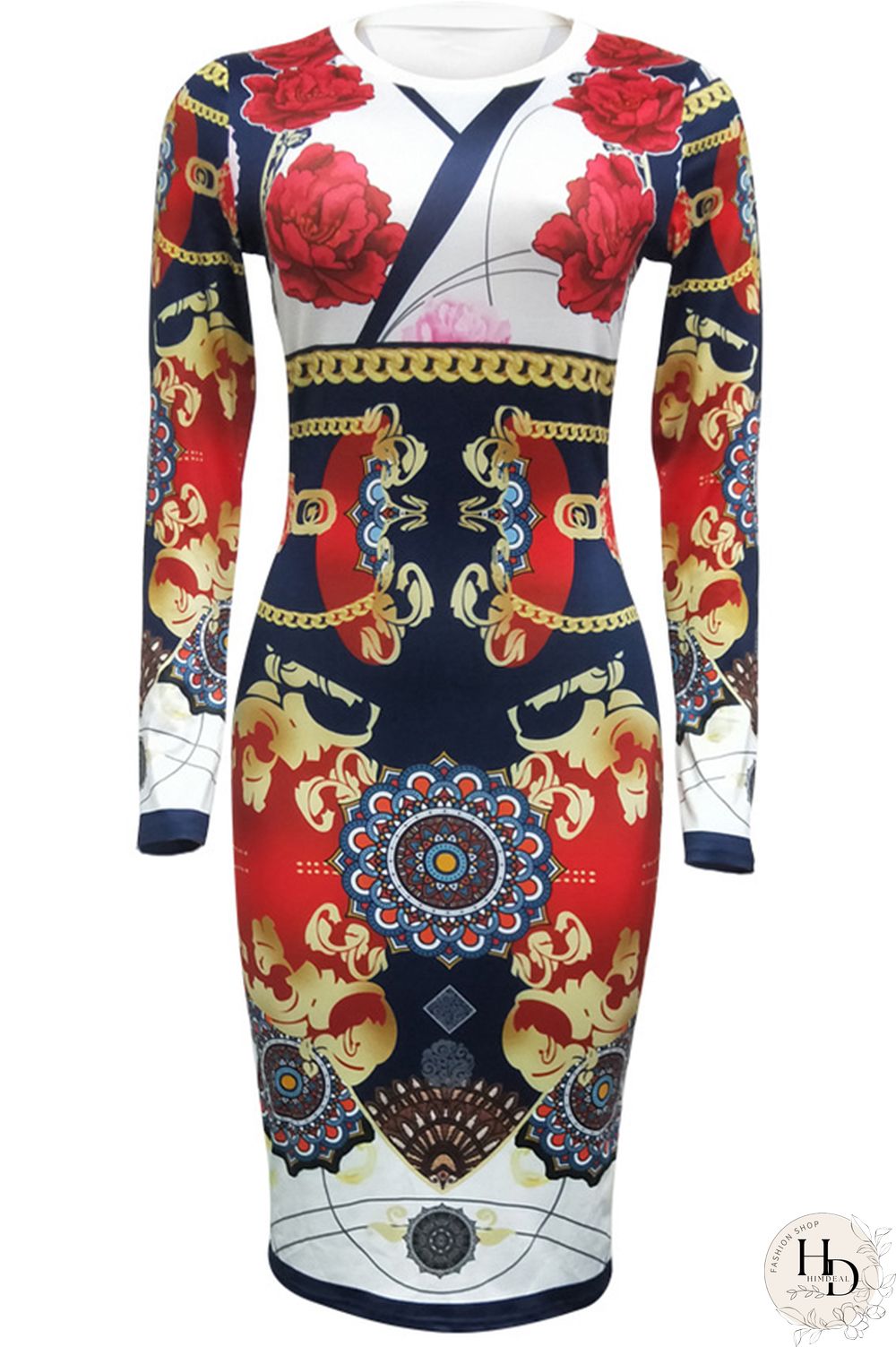Blue Milk. Europe and America Cap Sleeve Long Sleeves O neck Pencil Dress Mid-Calf Patchwork Print Club