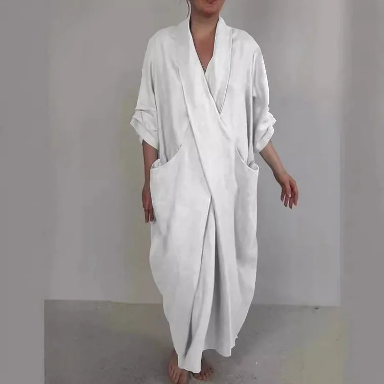 V-neck Cotton and Linen Gray Pocket Design Dress