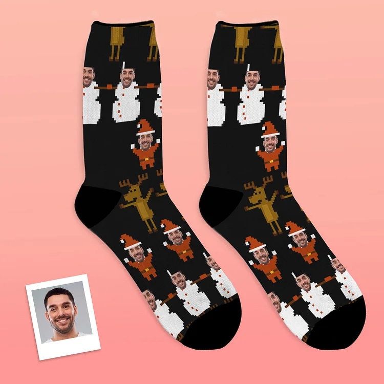 Custom Face Socks Christmas Gift Christmas Pixel Pattern Socks