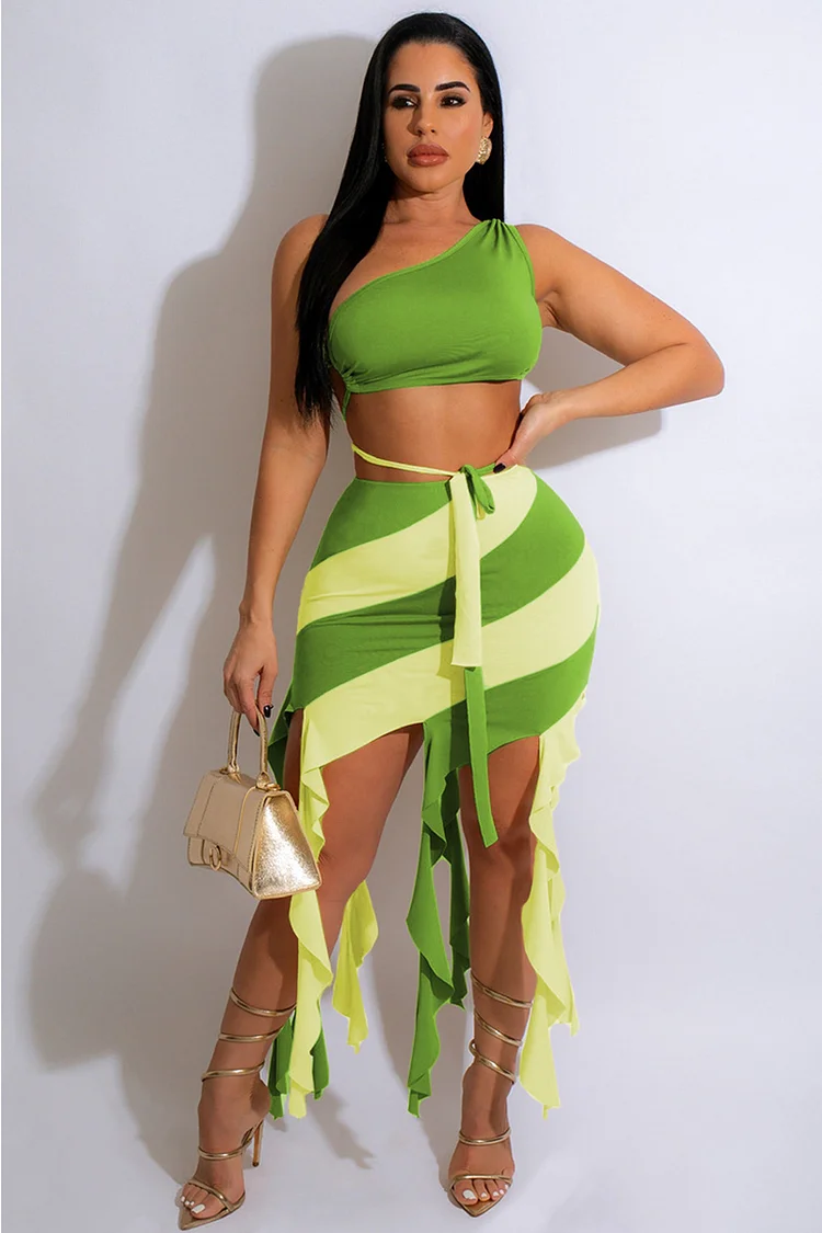 One Shoulder Backless Crop Top Colorblock Irregular Fringed Hem Mini Skirt Matching Set