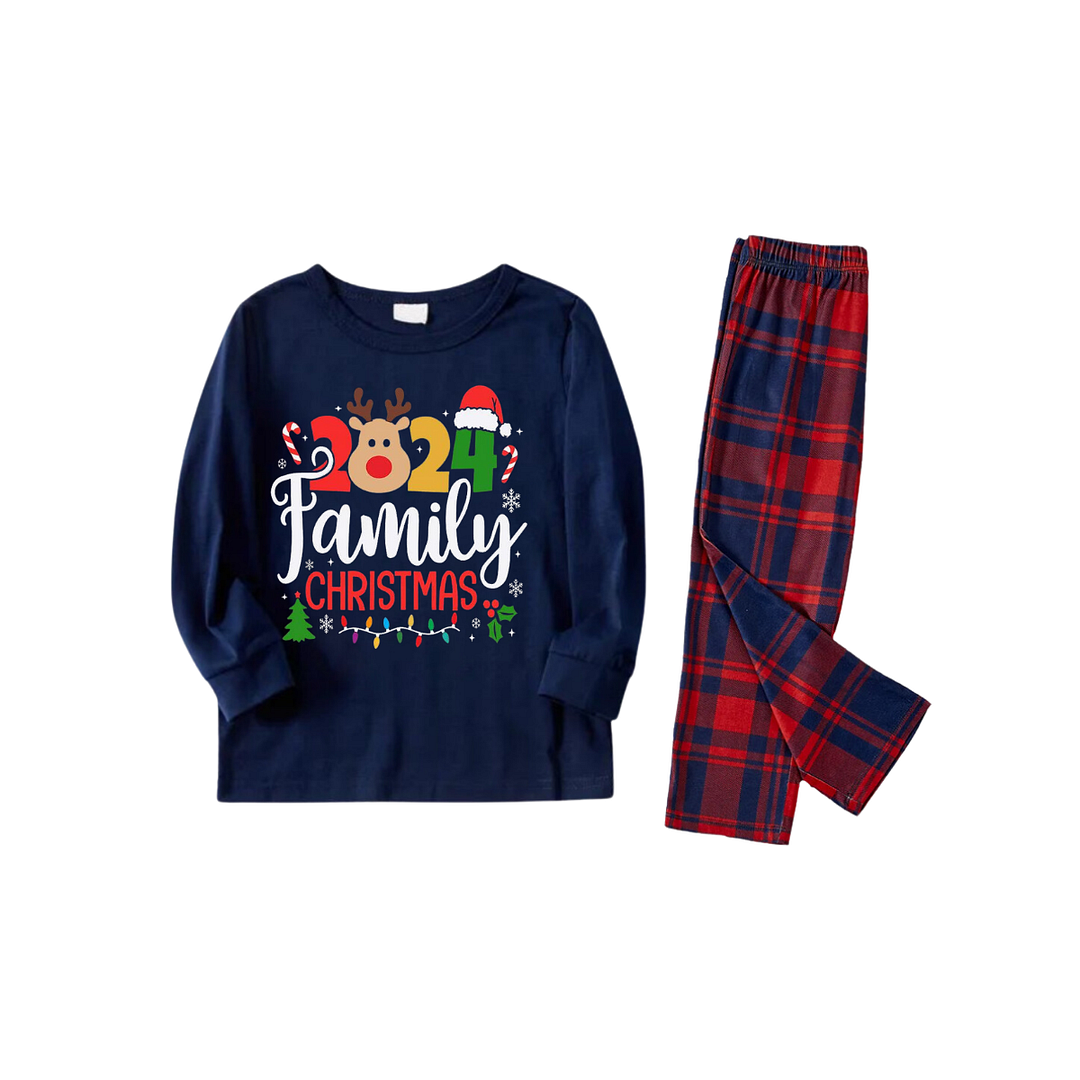 "Family Christmas 2024" Text and Deer Prints Blue Long Sleeves Top with Red and Blue Plaid Pants Christmas Matching Pajamas