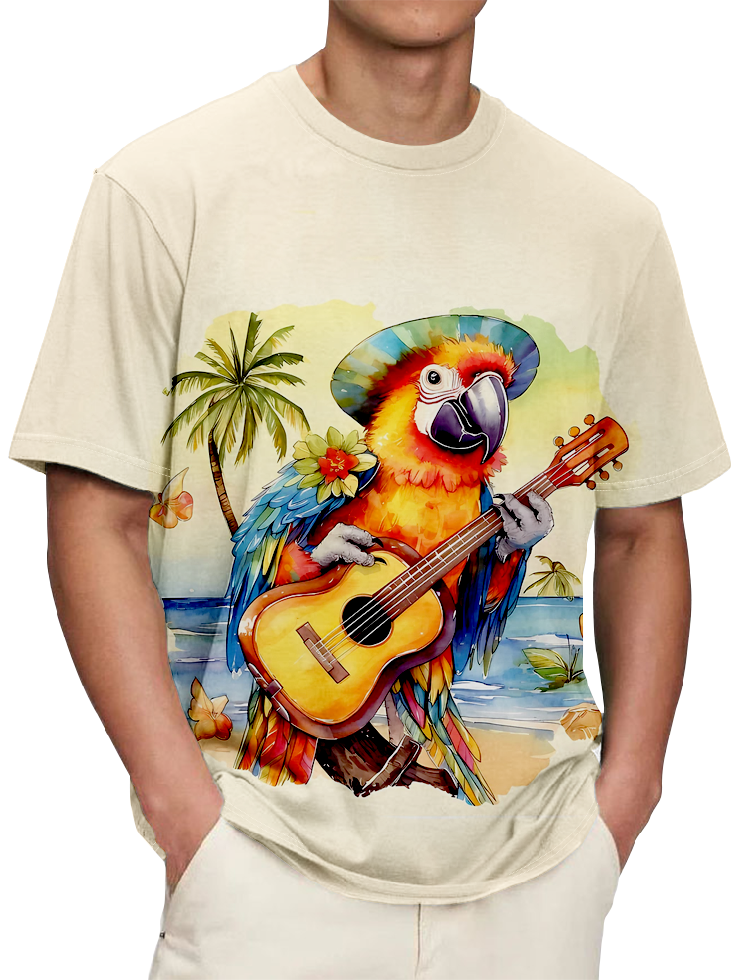 Men's Casual Hawaiian Mr. Parrot Guitar Print T-Shirt PLUSCLOTHESMAN