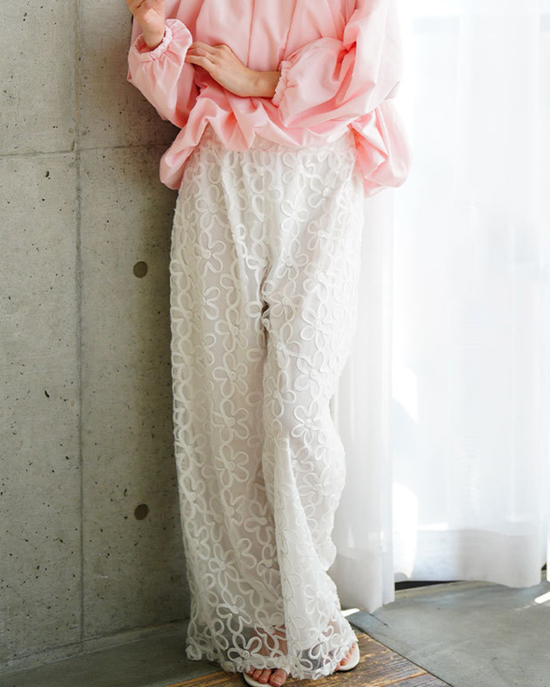 Floral Lace Detail Wide Leg Pants