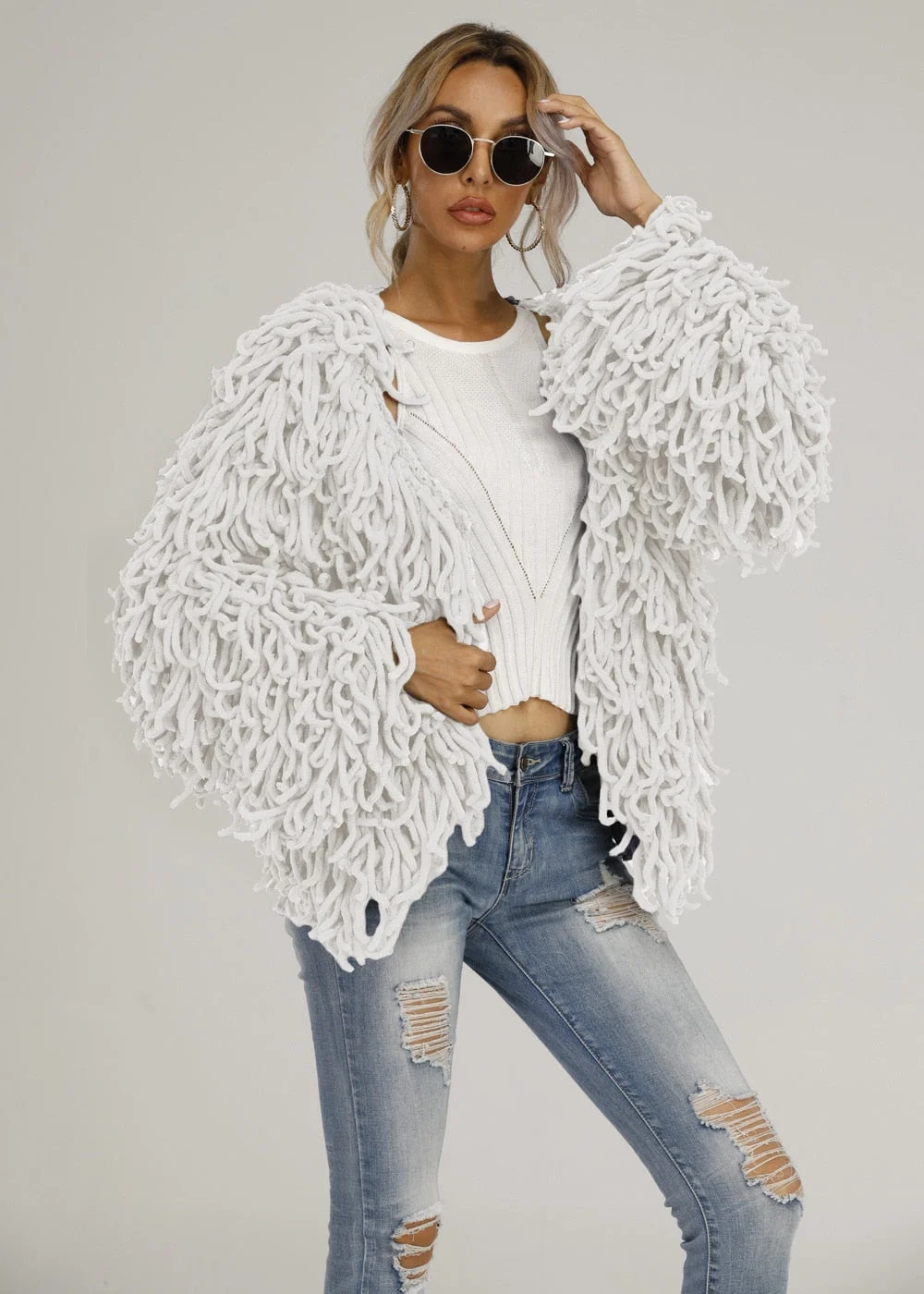 Autumn and winter new woolen woolen plush fringed sweater jacket personality blouse women