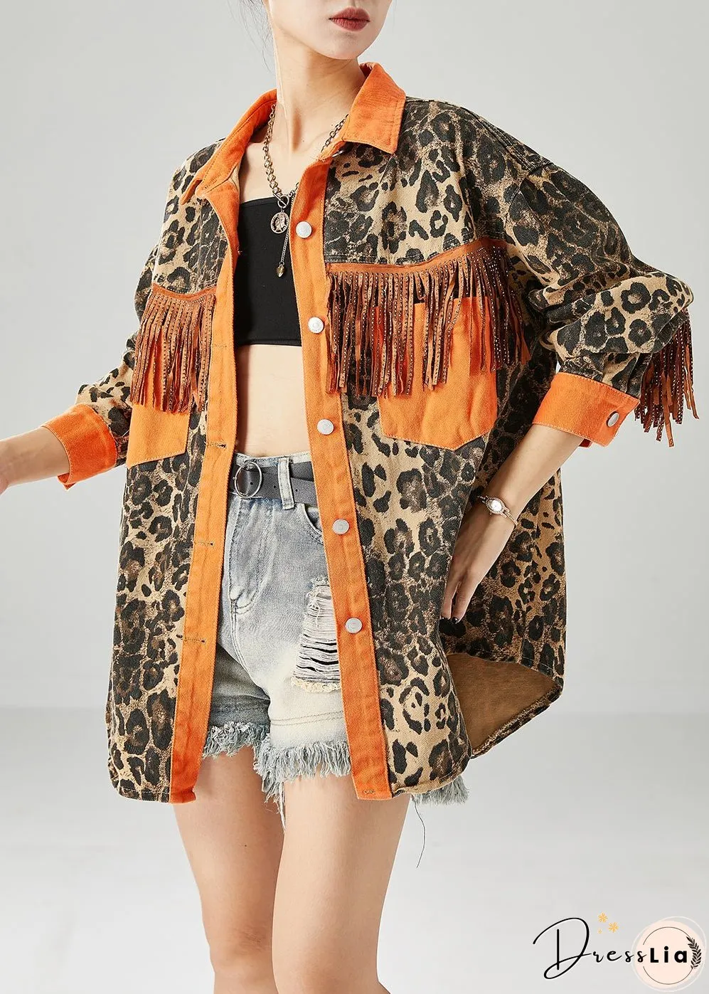 Orange Patchwork Cotton Coats Tasseled Leopard Print Fall
