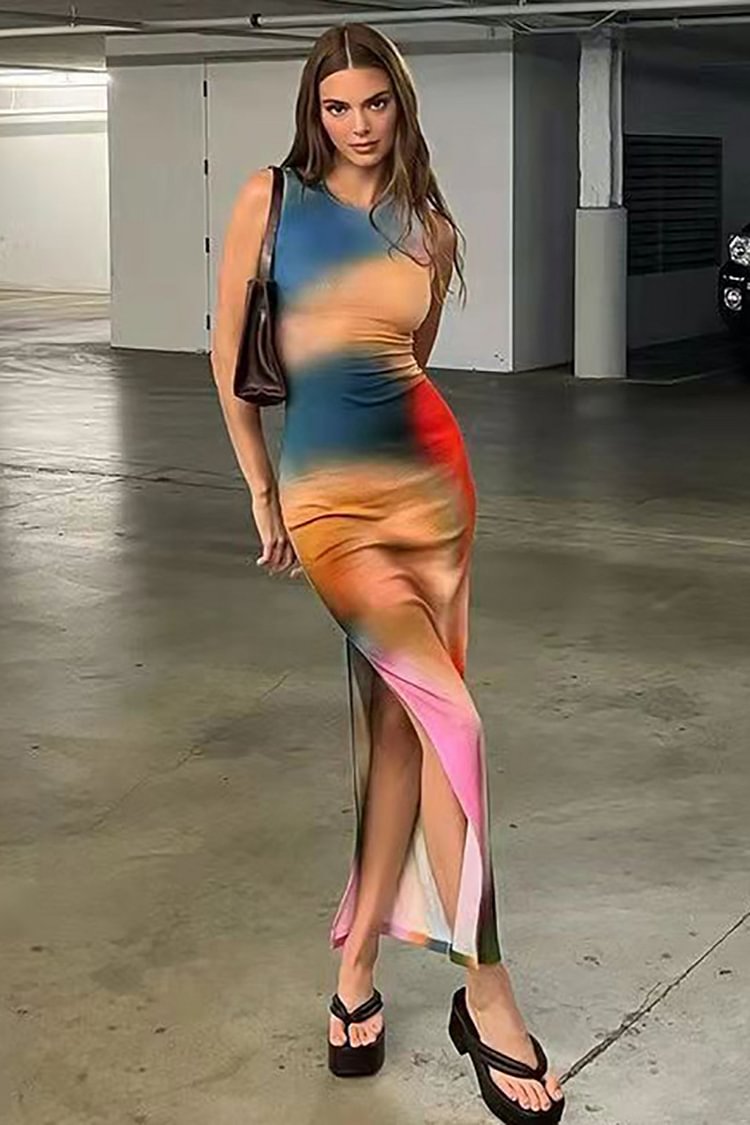 Vacation Tie Dye Print High Slit Sleeveless Maxi Dresses