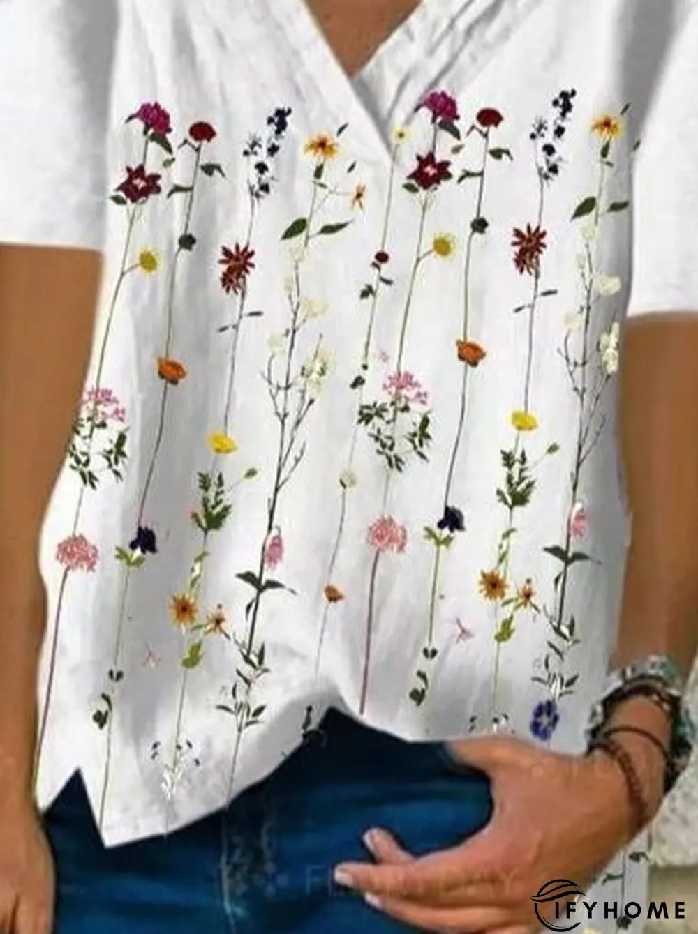 Holiday V Neck Floral Short Sleeve Tops | IFYHOME