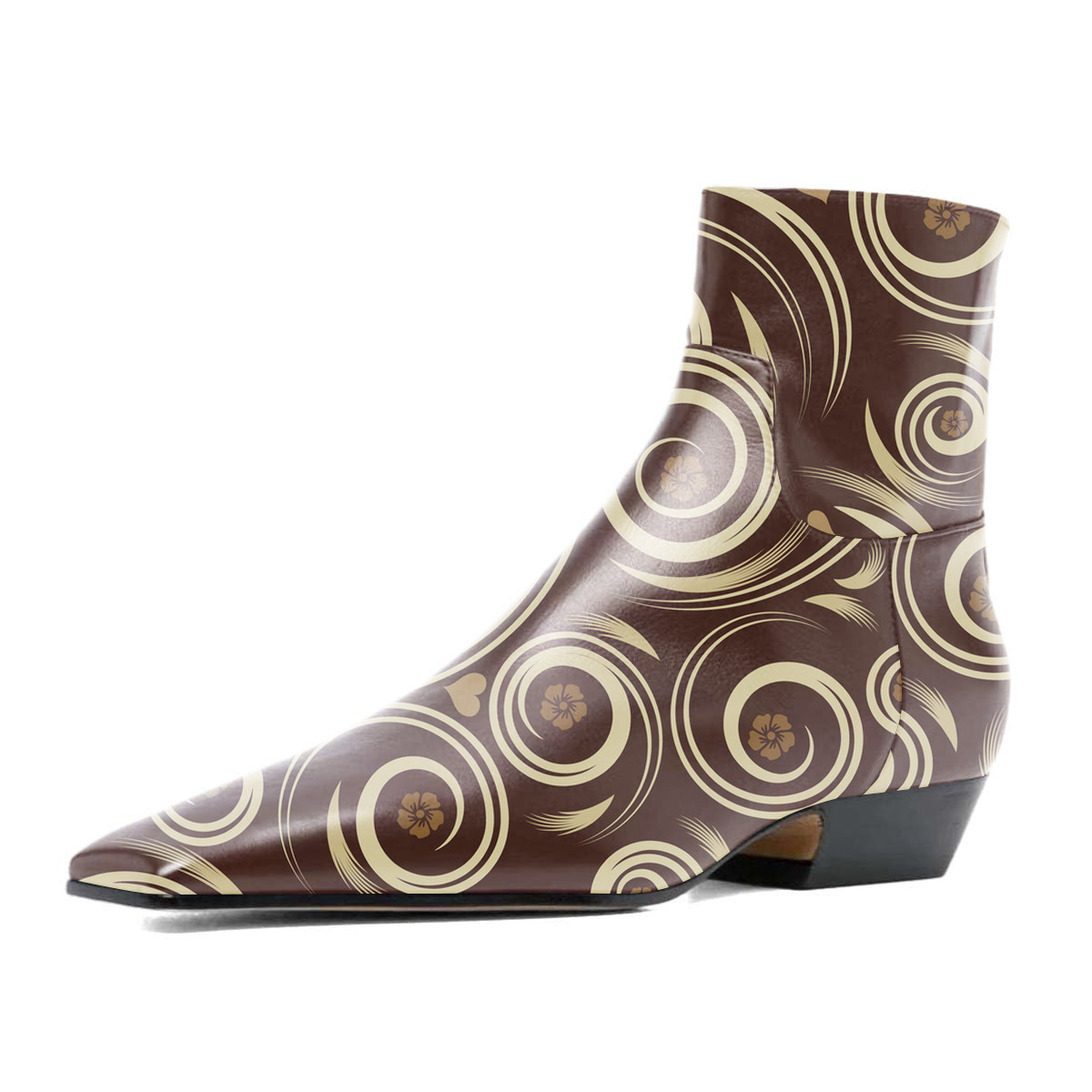 Brown & Beige Flower Square Toe Low Heel Zipper Short Boots for Women Nicepairs
