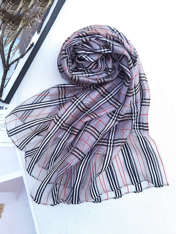 Mulberry Silk & Wool Blend Sun-Protection Plaid Shawl&Scarf