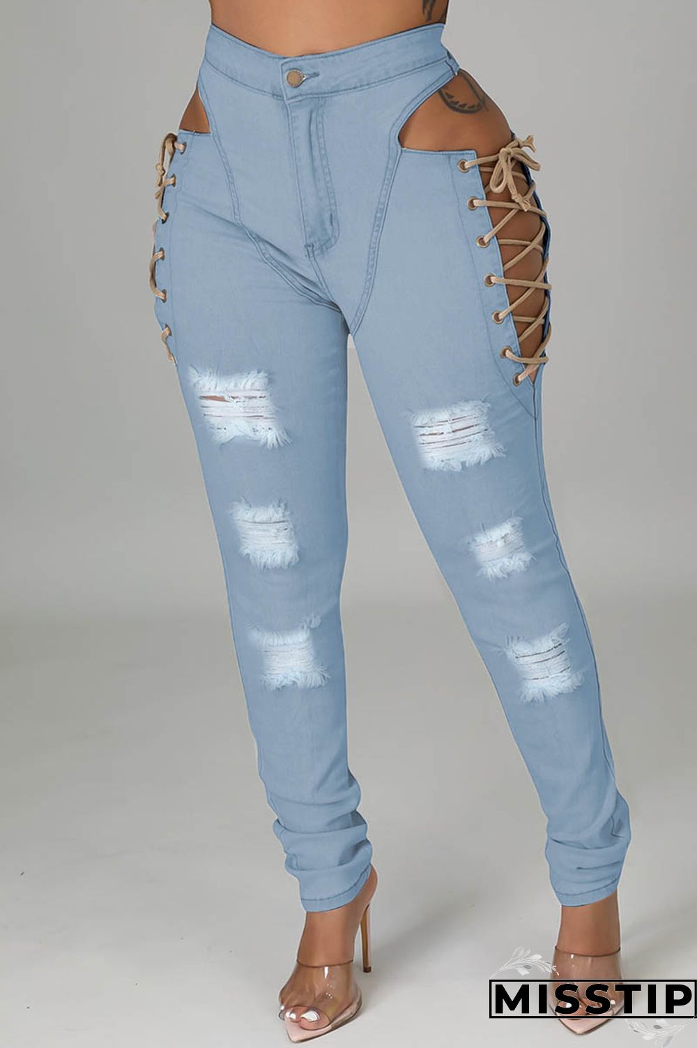 Light Blue Casual Solid Ripped Hollowed Out Frenulum Mid Waist Skinny Denim Jeans