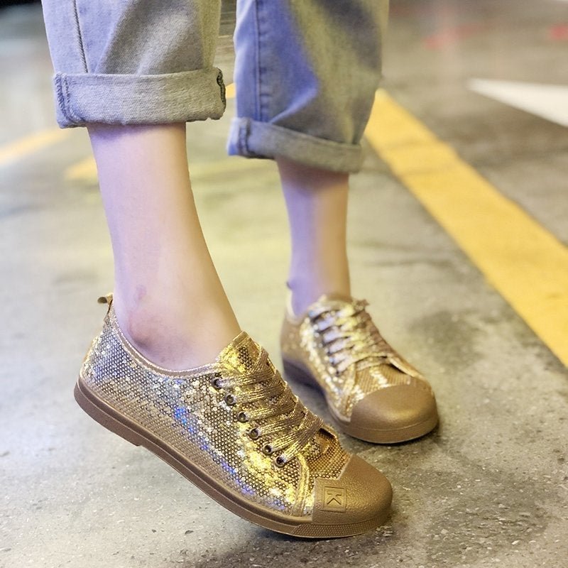 LYXLYH Fashion Sneakers Women Flats Shoes Casual Outdoor Walking Shoes Woman Lace-up Gold Glitter Ladies Shoes Zapatos Mujer