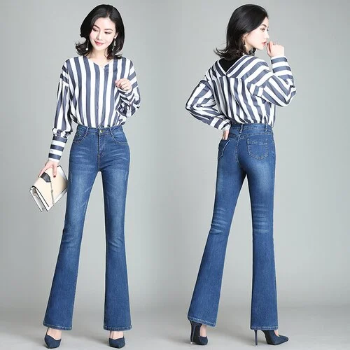 Flare Pants Jeans Women 2019 Spring Slim Wide Leg Ladies Denim Trousers Elastic High Waist Pantalon Jean Femme Woman Jeans