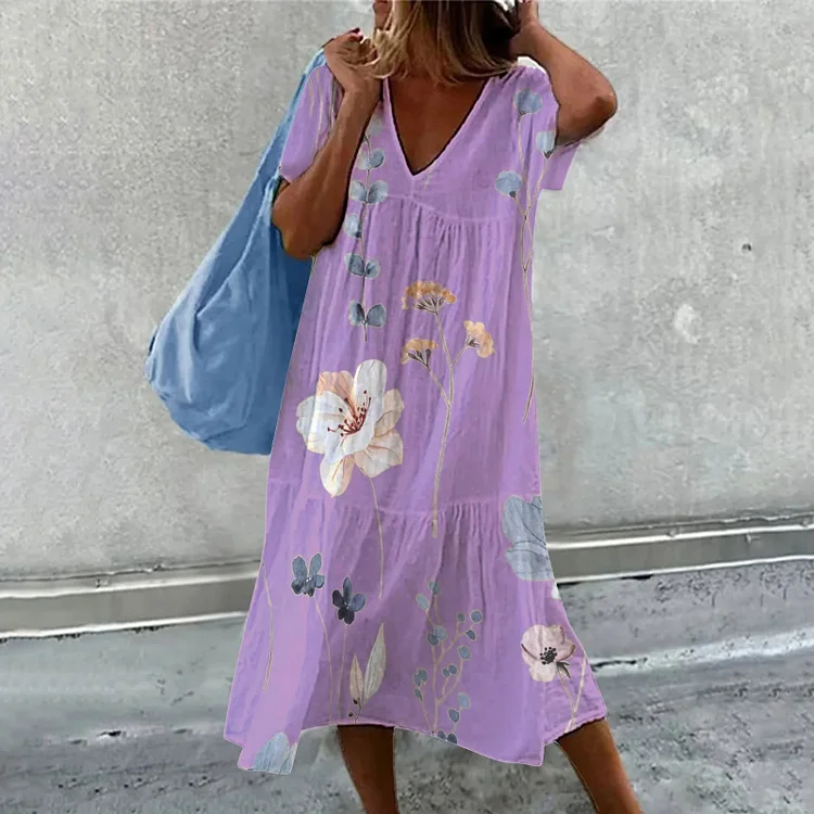 VChics Retro Floral Print Linen Blend V-Neck Cozy Maxi Dress