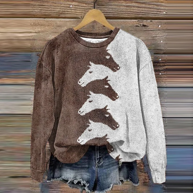 Women's Vintage Horse Print Casual Sweatshirt