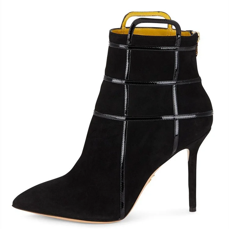 Black Vegan Suede Patent Leather Caged Stiletto Heel Ankle Boots |FSJ Shoes
