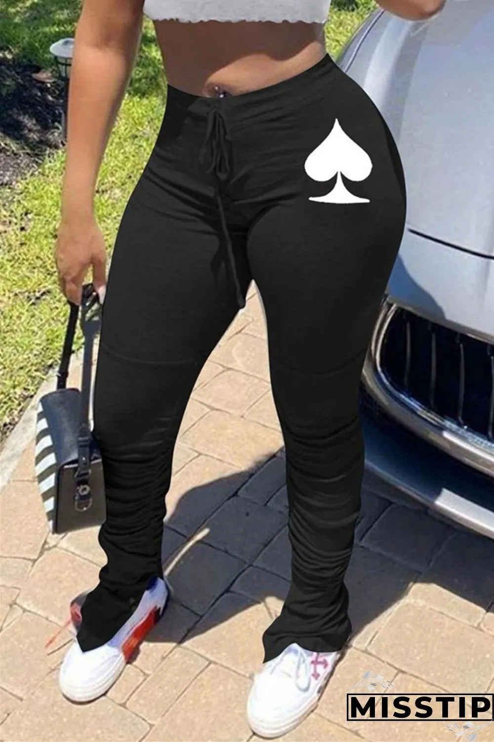 Pink Elastic Fly Mid Print Boot Cut Pants Bottoms