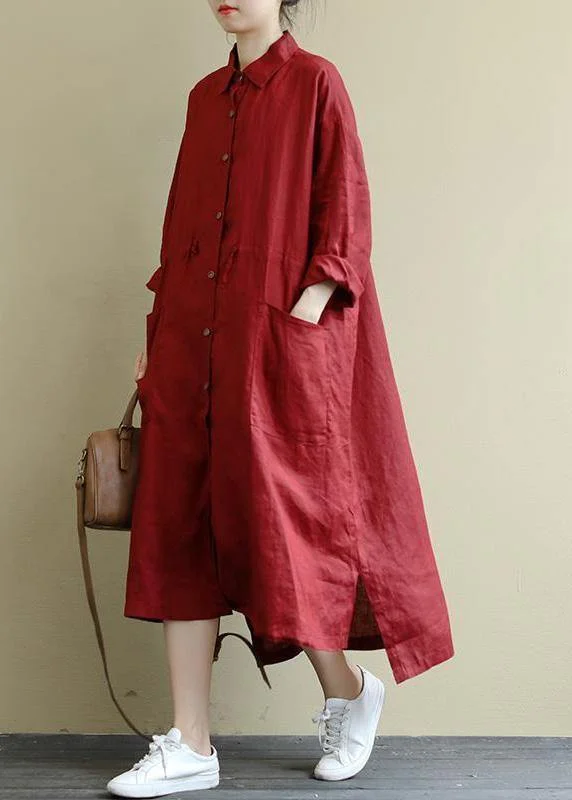 Red Linen Shirt Dress Casual Oversize Spring Maxi Dresses
