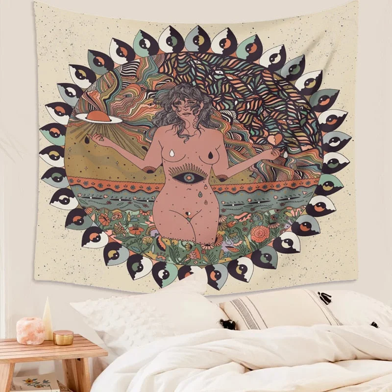 Psychedelic Nude Sexy Woman Skull Lover Tapestry Wall Hanging Trippy Flower Tapestry Fantasy Magic Tapestry Wall Art Home Decor