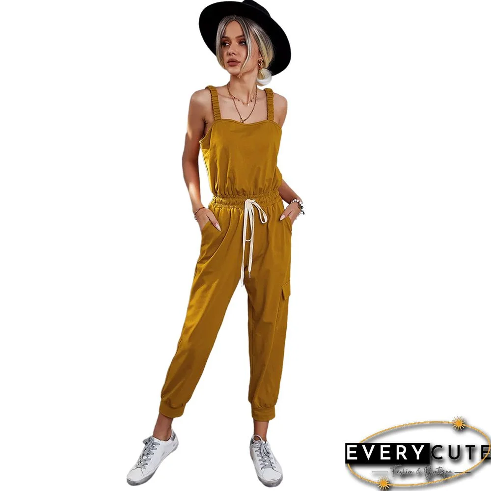 Yellow Drawstring Waist Pocketed Jumpsuit