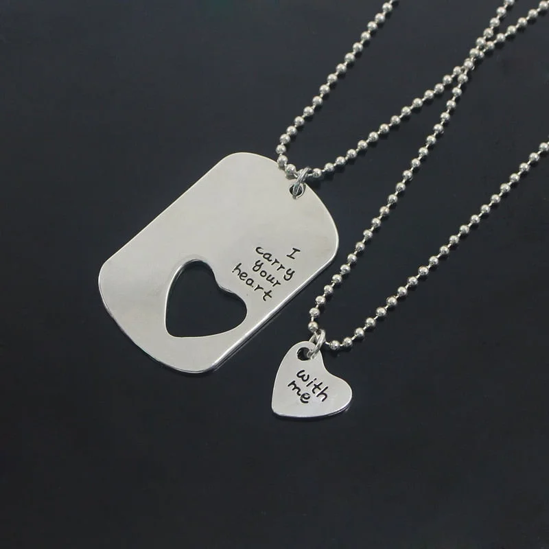2 Piece Set Of Fashionable Couple Necklace Love Heart Hollow Pendant Letter Necklace Your Heart Is With Me Bead Chain Necklace
